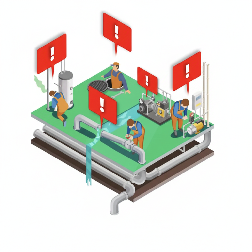 Main Sewer Line Service - House, Pipes, Manholes, Plumbers